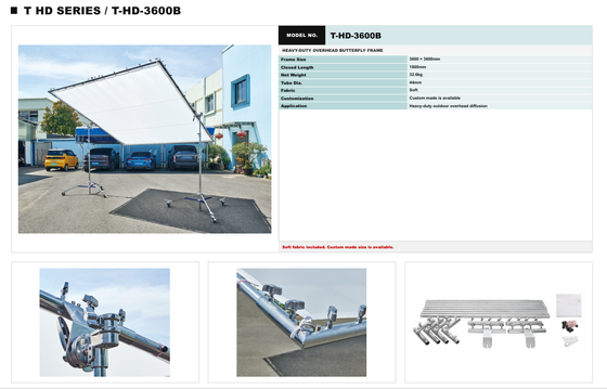 HAFE T HD Series Overhead Butterfly Frame System z 2400 × 2400 mm i 3600 × 3600 mm ciężkimi ramami dyfuzyjnymi